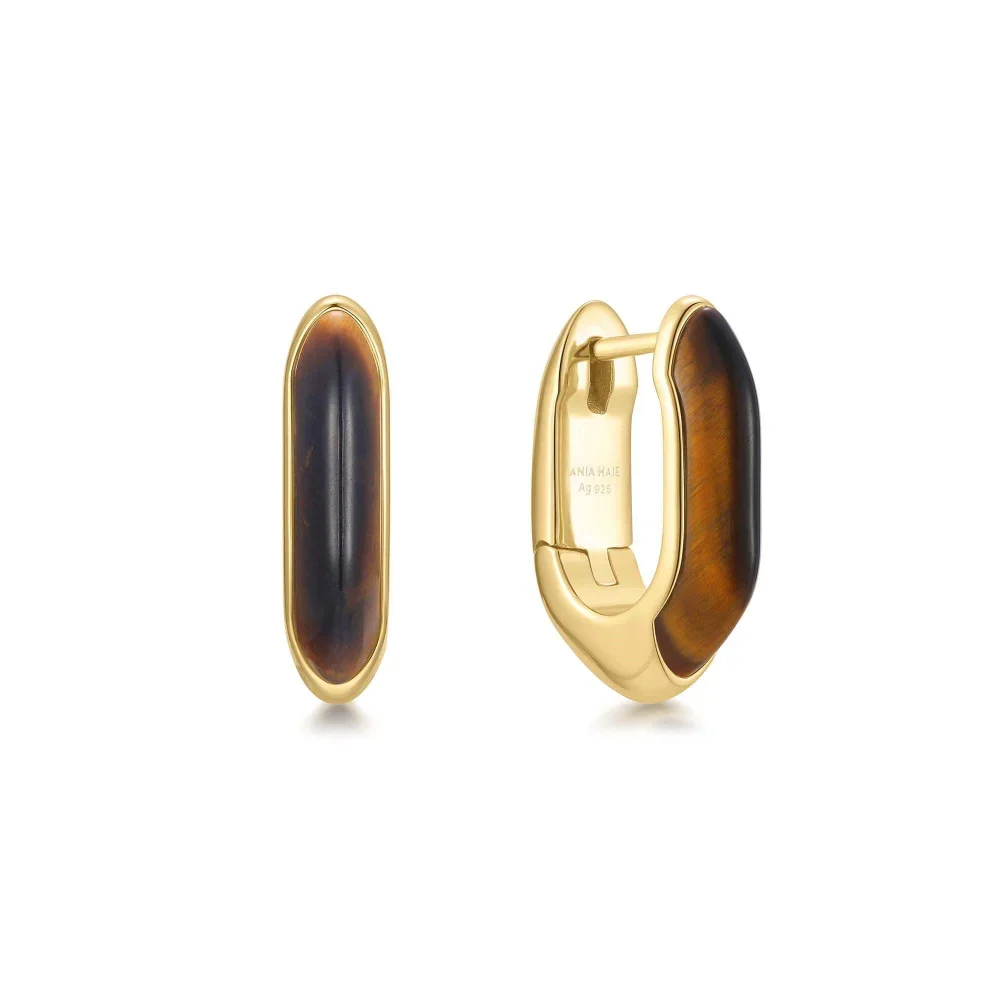 Gold Tiger Eye Huggie Hoop Earrings