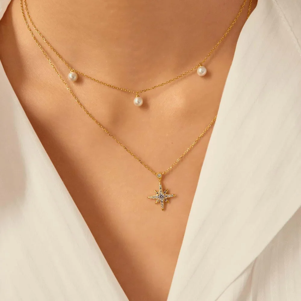 Gold Triple Shell Pearl Station Necklace.webp