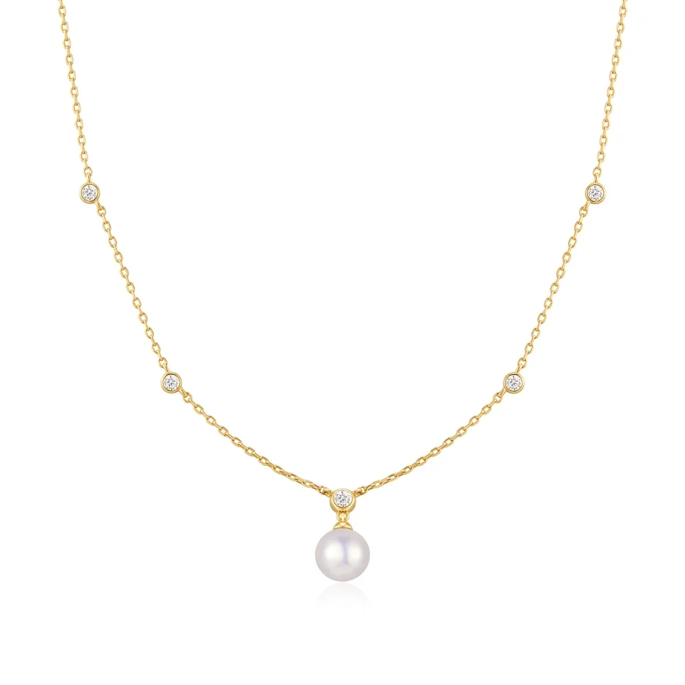 Gold Bezel-Set Station Necklace with Shell Pearl Pendant
