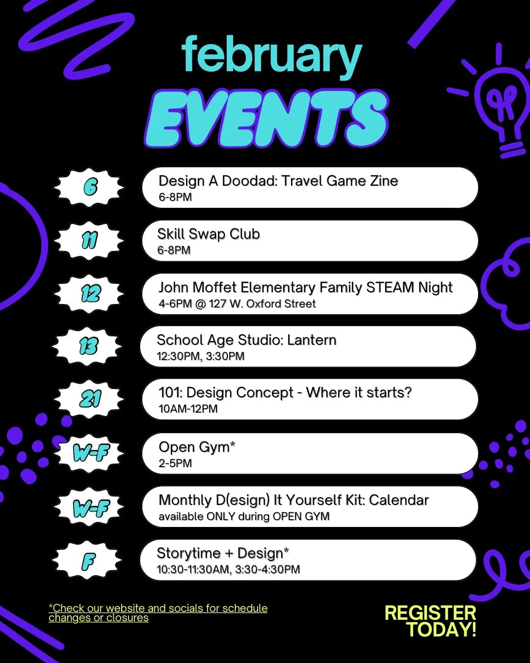 February is for love and light.

🎲 Friday, Feb 6, 6-8PM: DESIGN A DOODAD Travel Game Zine
Explore game design with us and guest designer Goosepop Games, and go home with your pocket-sized travel game. / $35, includes registration, materials, and lig