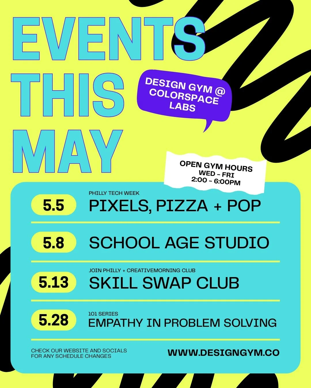 MAY is soon here, and we&rsquo;re excited for your visit. Bring your coffee and laptop during OPEN GYM hours (W-F) if you want a new spot to work remotely. Then if you want a creative reset, we&rsquo;ve got the creative exercises to 💥 your design th