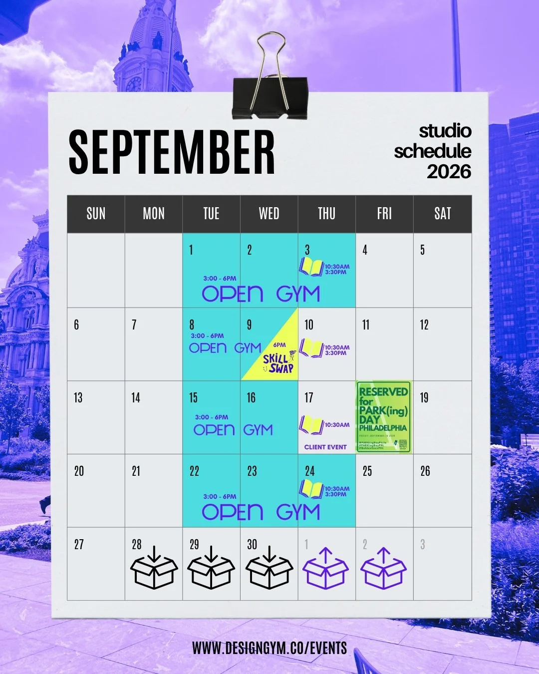 Is SEPTEMBER over yet? It has been a beast on our end between client work, volunteering, and the school year in session. We look forward to seeing you before we move!

🟣 WEEKLY @ DESIGN GYM 🟣
💪🏽Tuesday to Thursday, 3:00-6PM: OPEN GYM HOURS
Studio