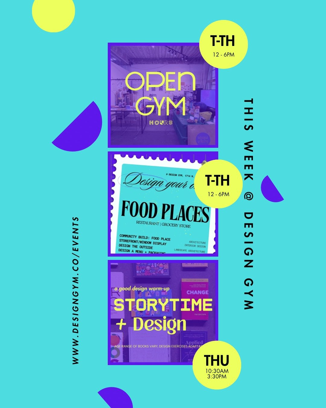 We are exploring FOOD PLACES (July 21-30), think restaurants and grocery stores! 

🟣 WEEKLY @ DESIGN GYM 🟣
💪🏽Tuesday to Thursday, 12-6PM: OPEN GYM (studio) HOURS
Drop-in hours for co-working, inspiration, a creative reset or fit some design play.