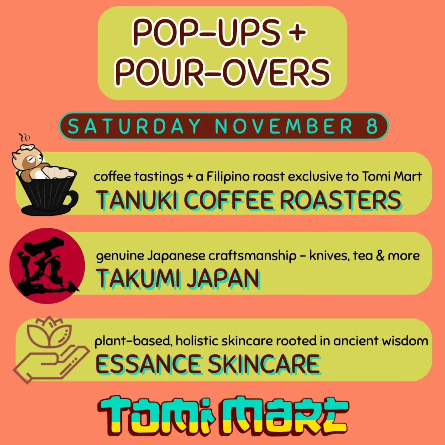 ☕️🔪🧴POP-UPS + POUR-OVERS🧴🔪☕️

This Saturday, November 8th, three incredible ANHPI-owned brands are traveling to Bend to spend the day at Tomi Mart!

🦝☕️ TANUKI COFFEE ▪︎ Justin Inahara ▪︎ He used to live here &amp; is coming down from Seattle to
