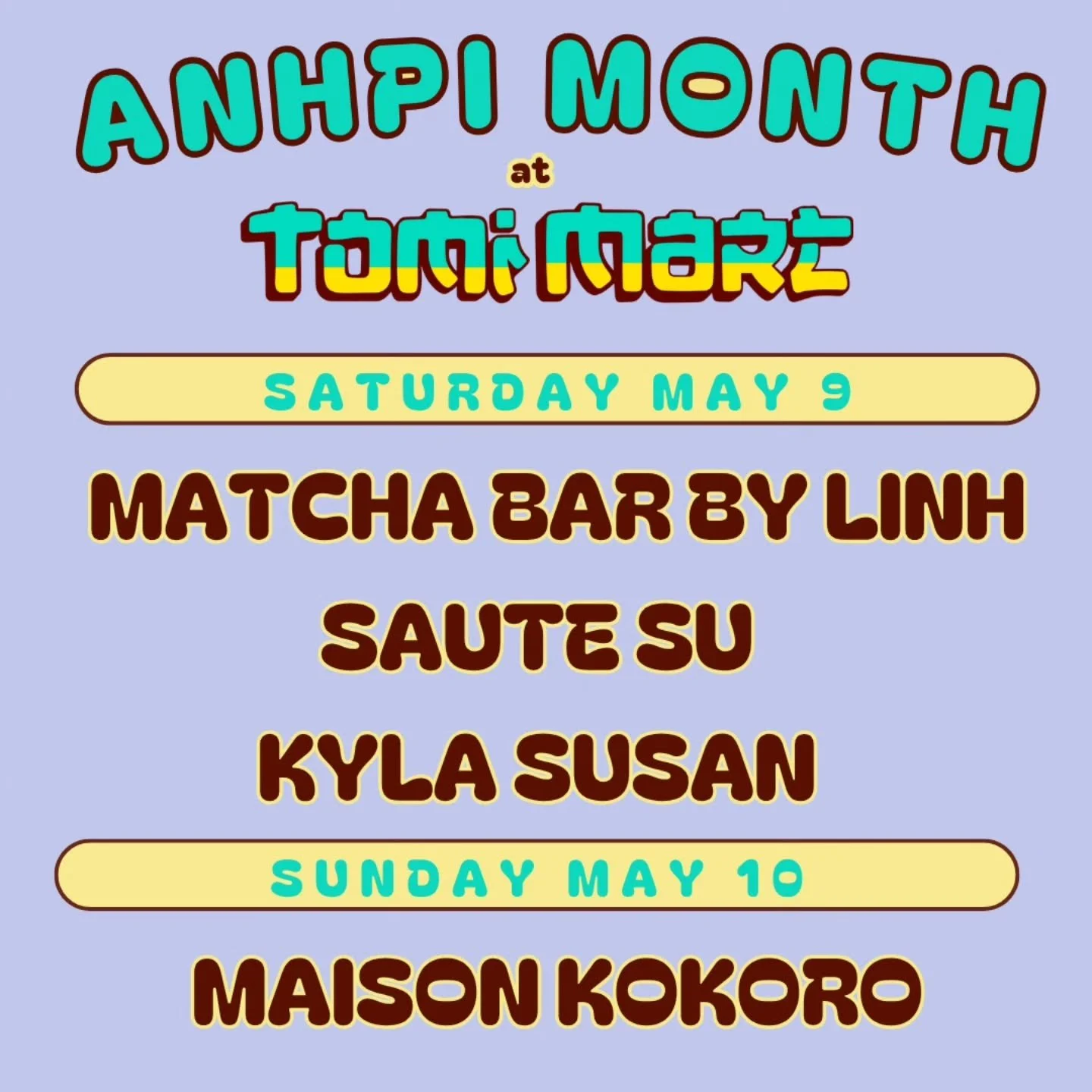 🔸️ ANHPI-OWNED POP-UPS 🔸️

This weekend we're kicking off our ANHPI Heritage Month brand spotlights! Please come check out their offerings and enter to win our raffle! 

Swipe for more details! We will also be doing this throughout May!