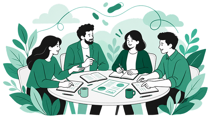 Vier Menschen sitzen an einem runden Tisch in einem Meeting, diskutieren und machen Notizen, umgeben von Pflanzen.
