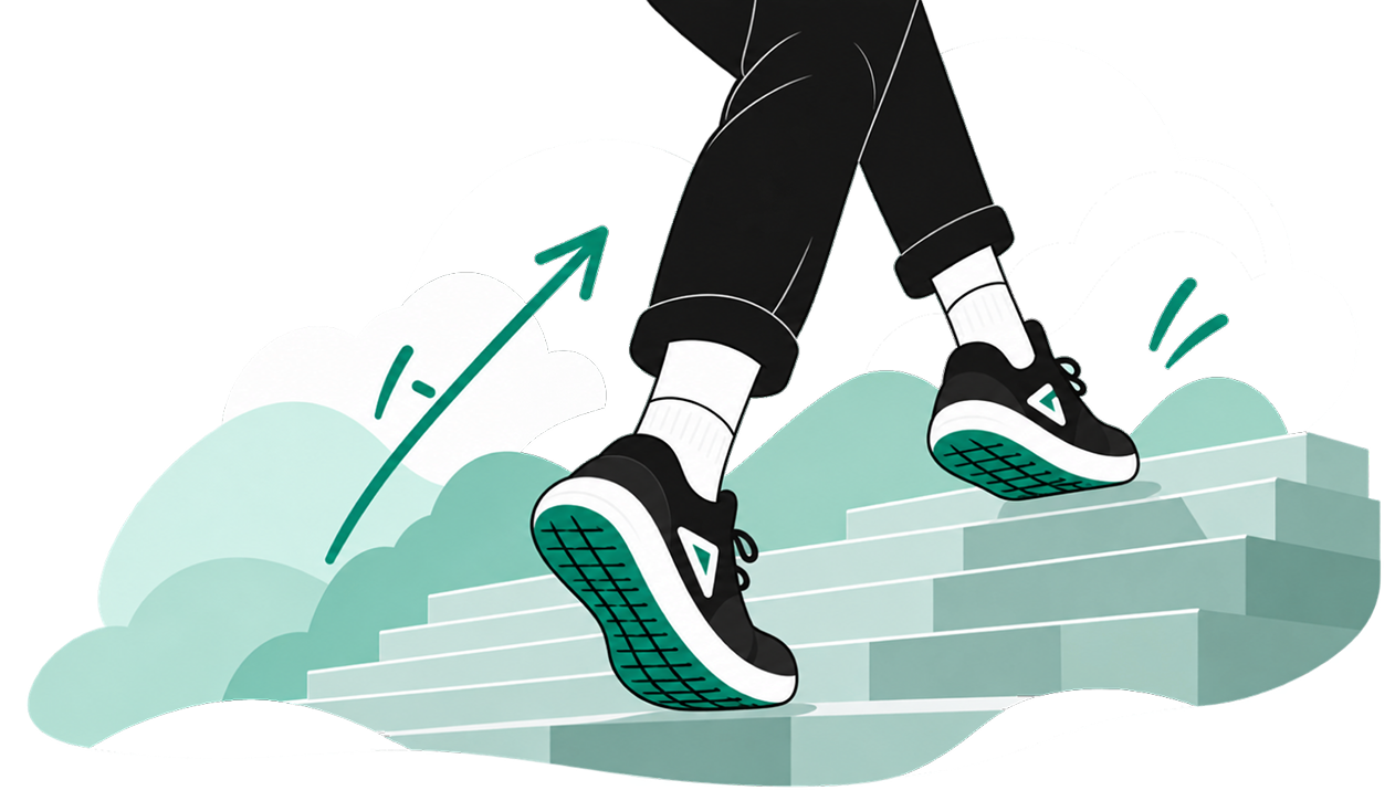 Illustration einer Person, die Treppen hinaufsteigt, mit einem aufsteigenden Pfeil im Hintergrund.