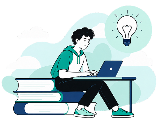 Jugendlicher sitzt auf Büchern mit Laptop vor sich, im Hintergrund Wolken und eine Glühbirne, die eine Idee symbolisiert.