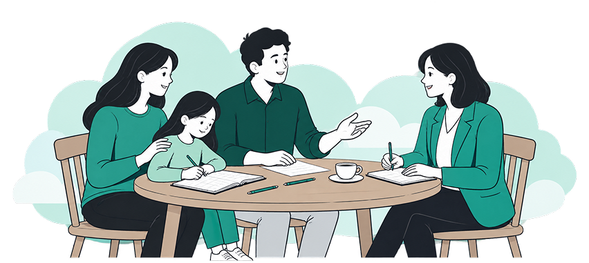 Familie bei einem Gespräch am Tisch, Mutter, Vater, Tochter und Kind, beim Lernen und reden
