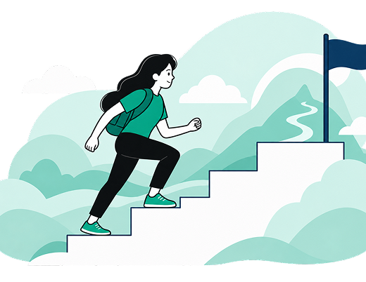 Eine Frau mit Rucksack klettert eine Treppe nach oben, führt zu einer Flagge auf einem Hügel in einer bergigen Landschaft. Es symbolisiert Fortschritt oder Zielerreichung.