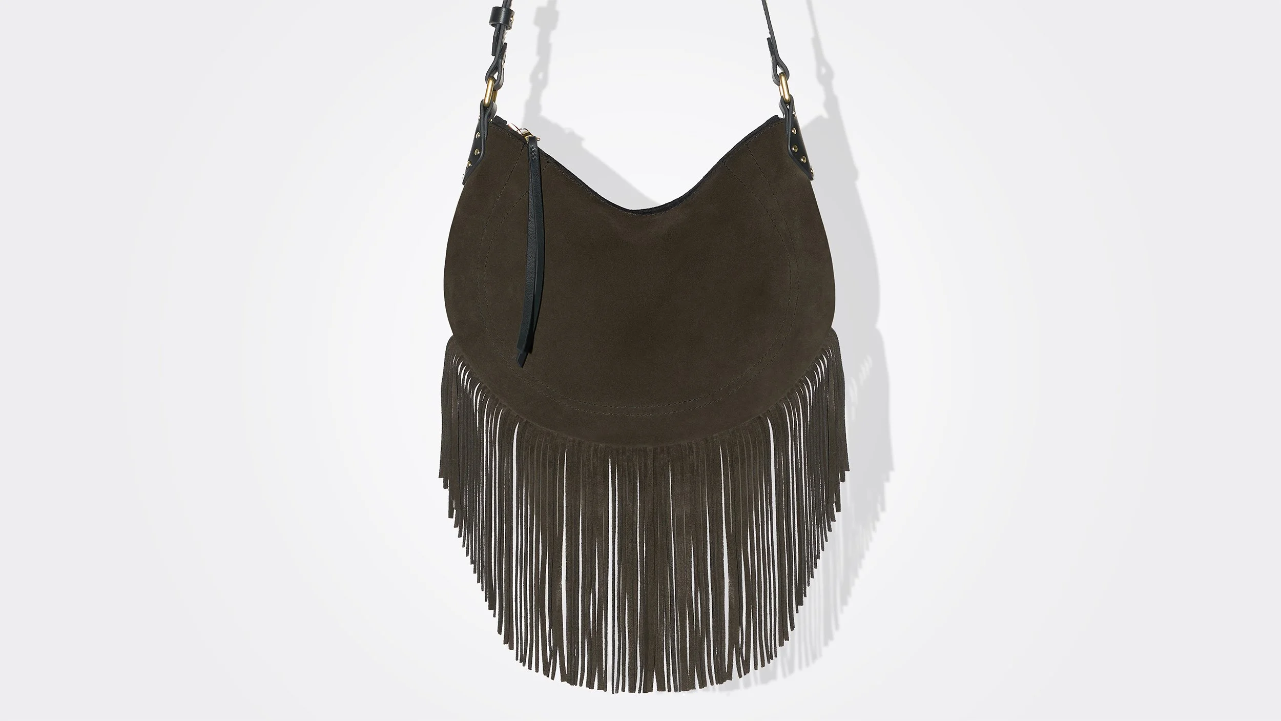 Chocolate-Black Suede Fringe Shoulder Bag | KIMFOLEY.NYC