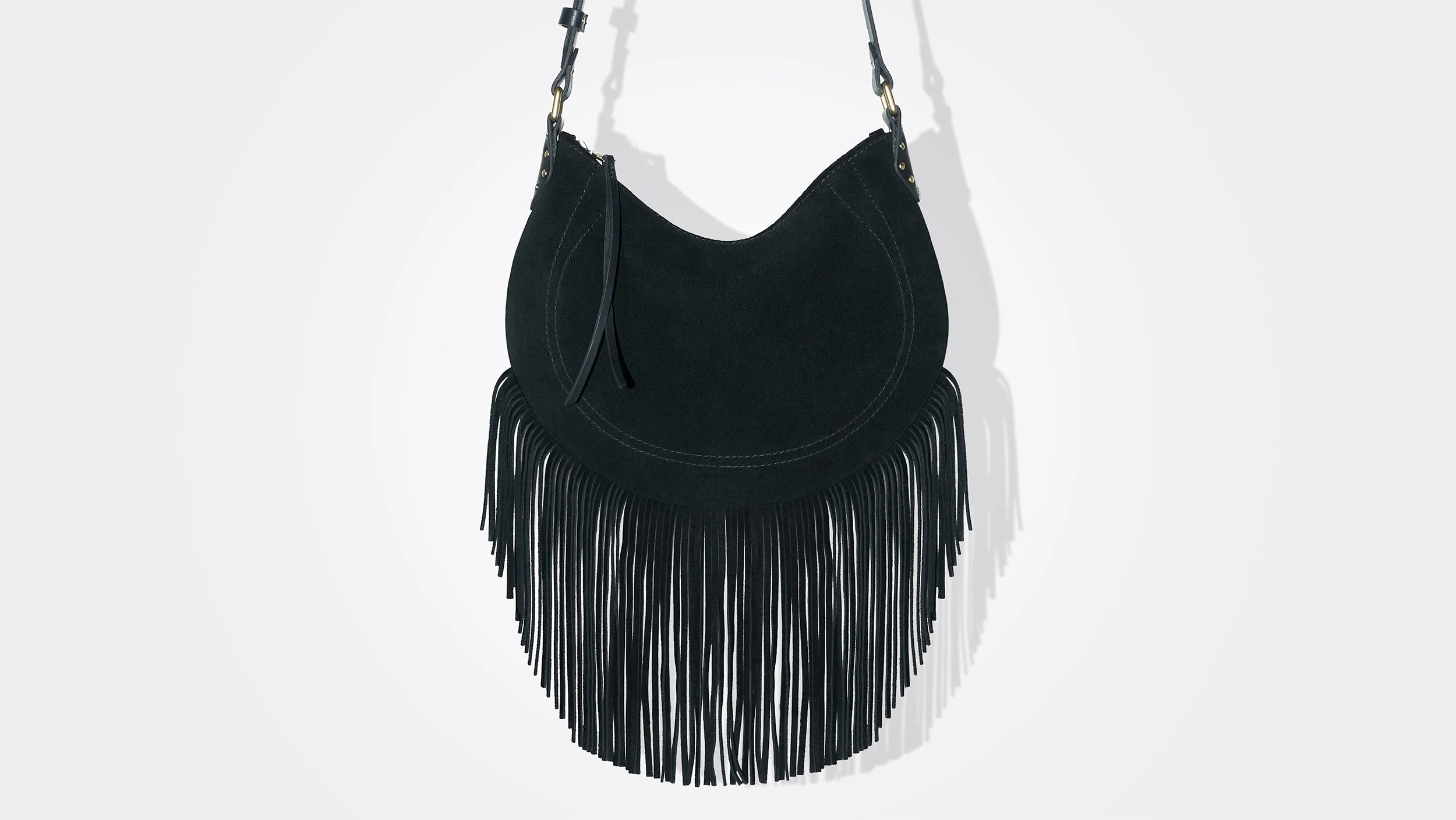 Black Suede Fringe Shoulder Bag | KIMFOLEY.NYC