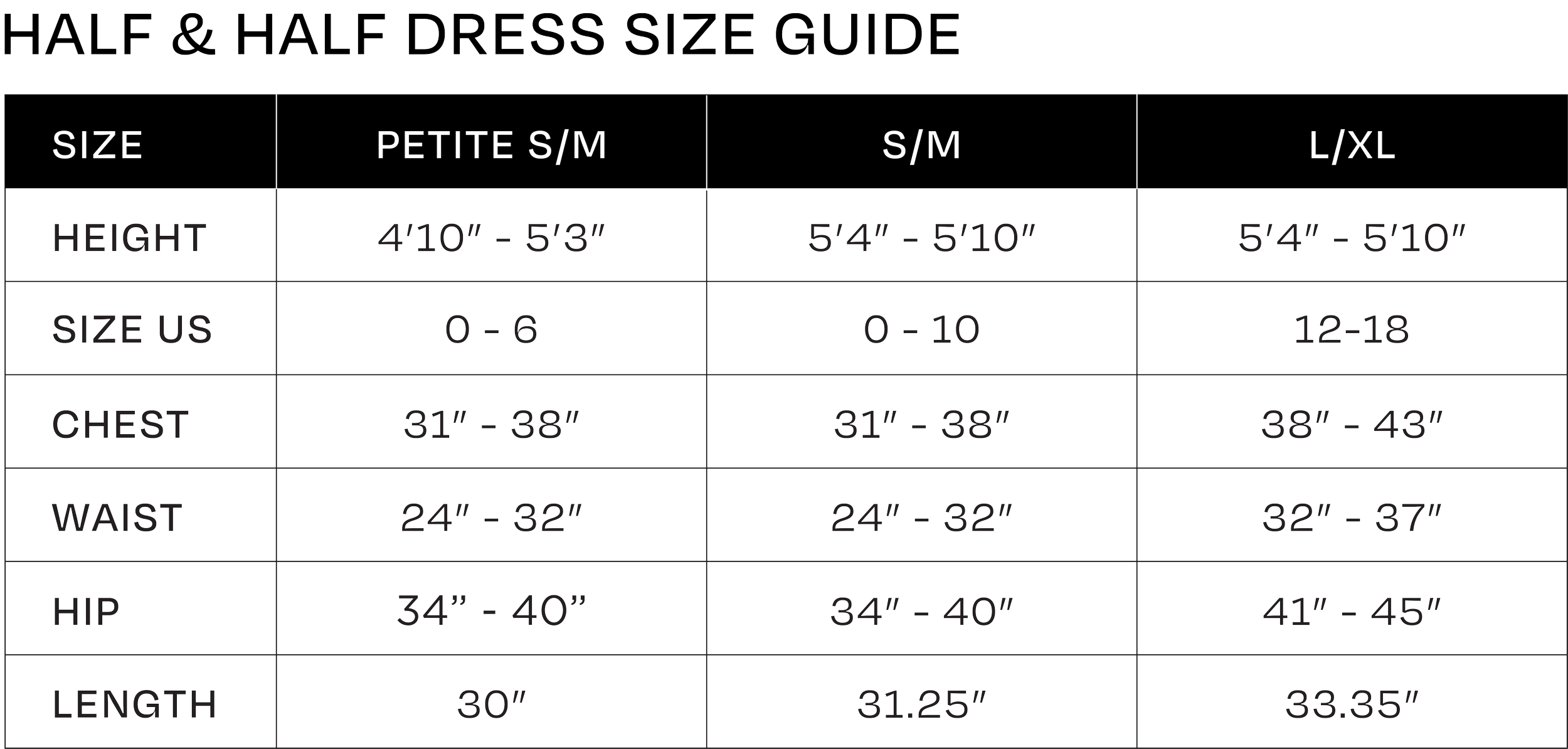 Half & Half Dress Size Guide