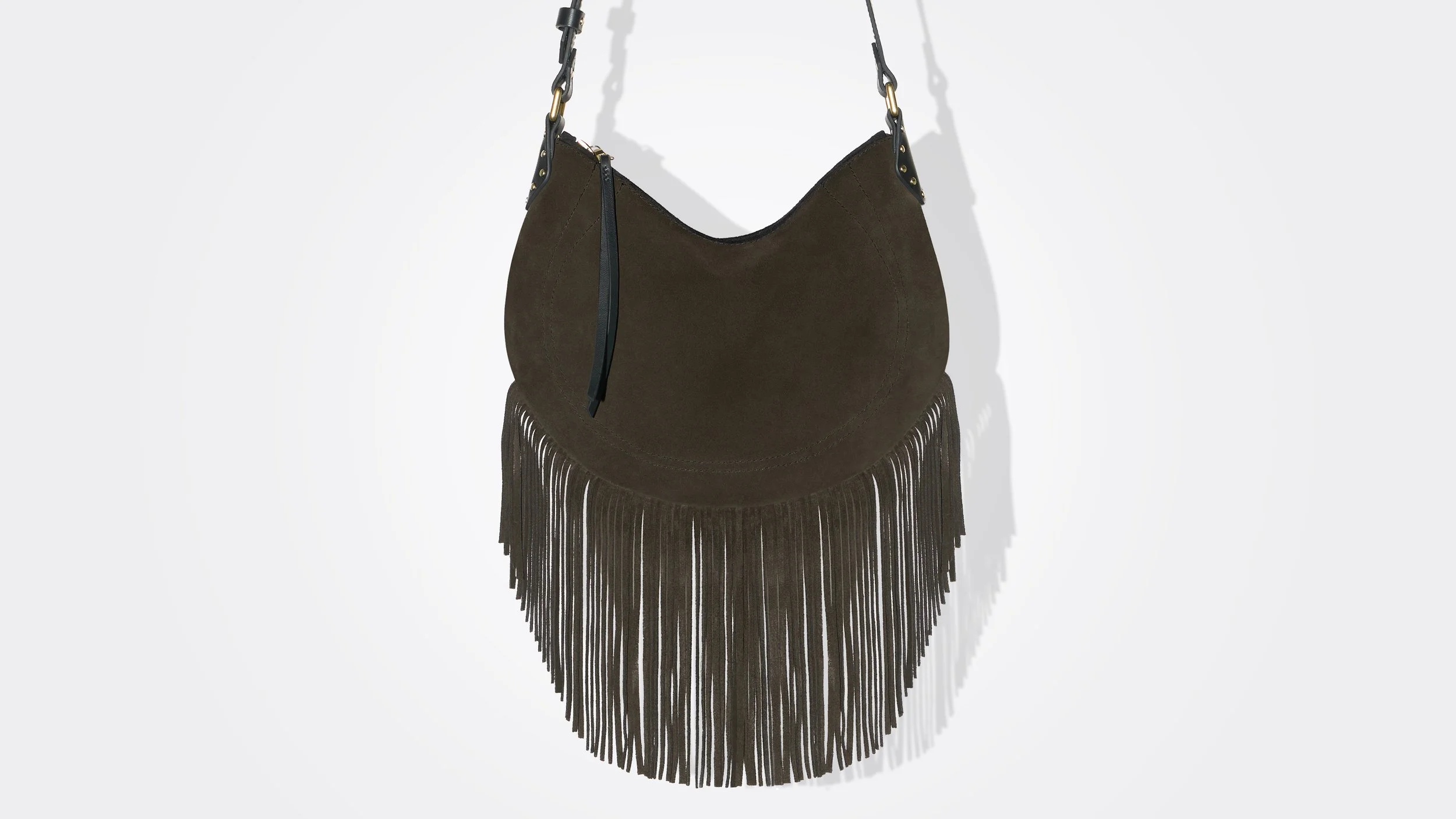Chocolate-Black Suede Fringe Shoulder Bag | KIMFOLEY.NYC
