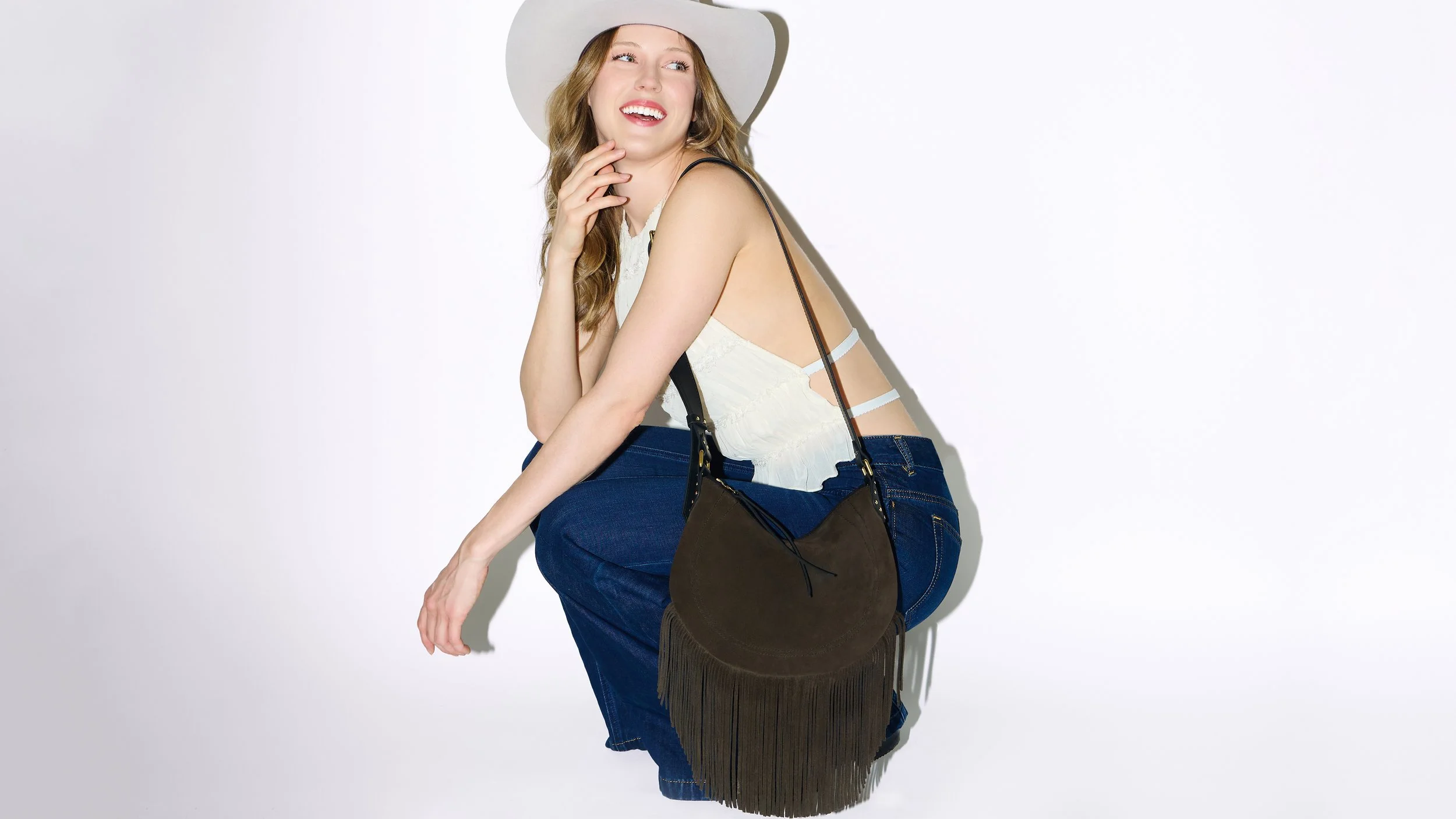 Chocolate-Black Suede Fringe Shoulder Bag | KIMFOLEY.NYC