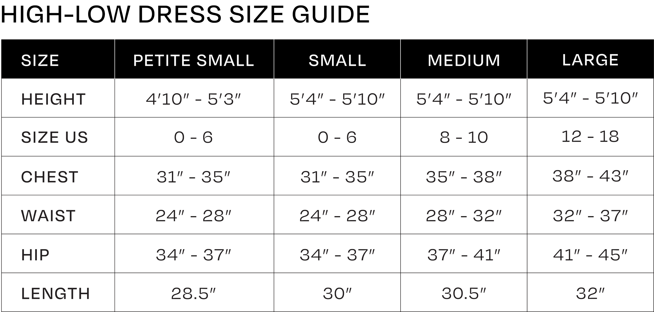 High-Low Dress Size Guide