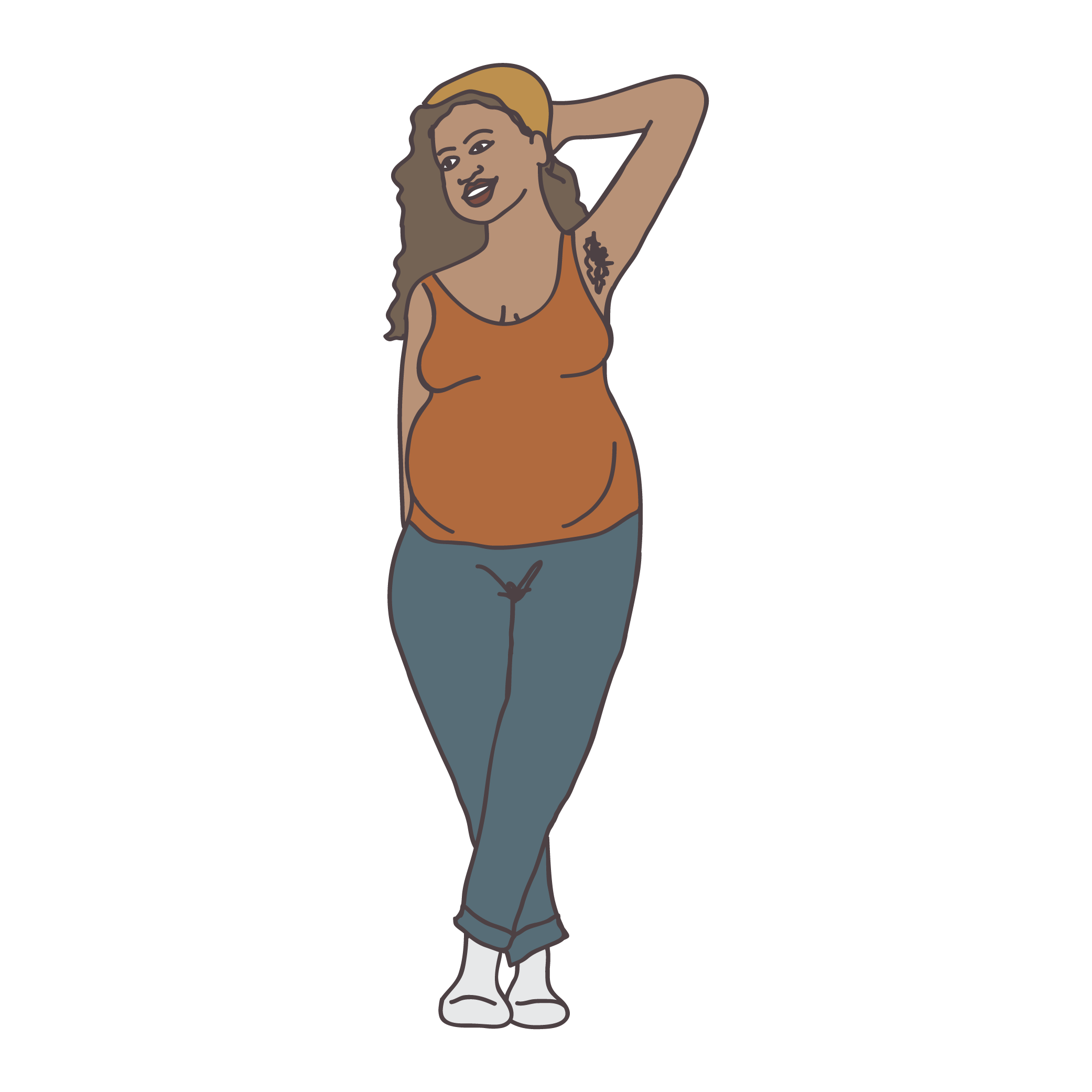 Illustration of smiling pregnant woman in tank top and jeans, celebrating body positivity and holistic pregnancy