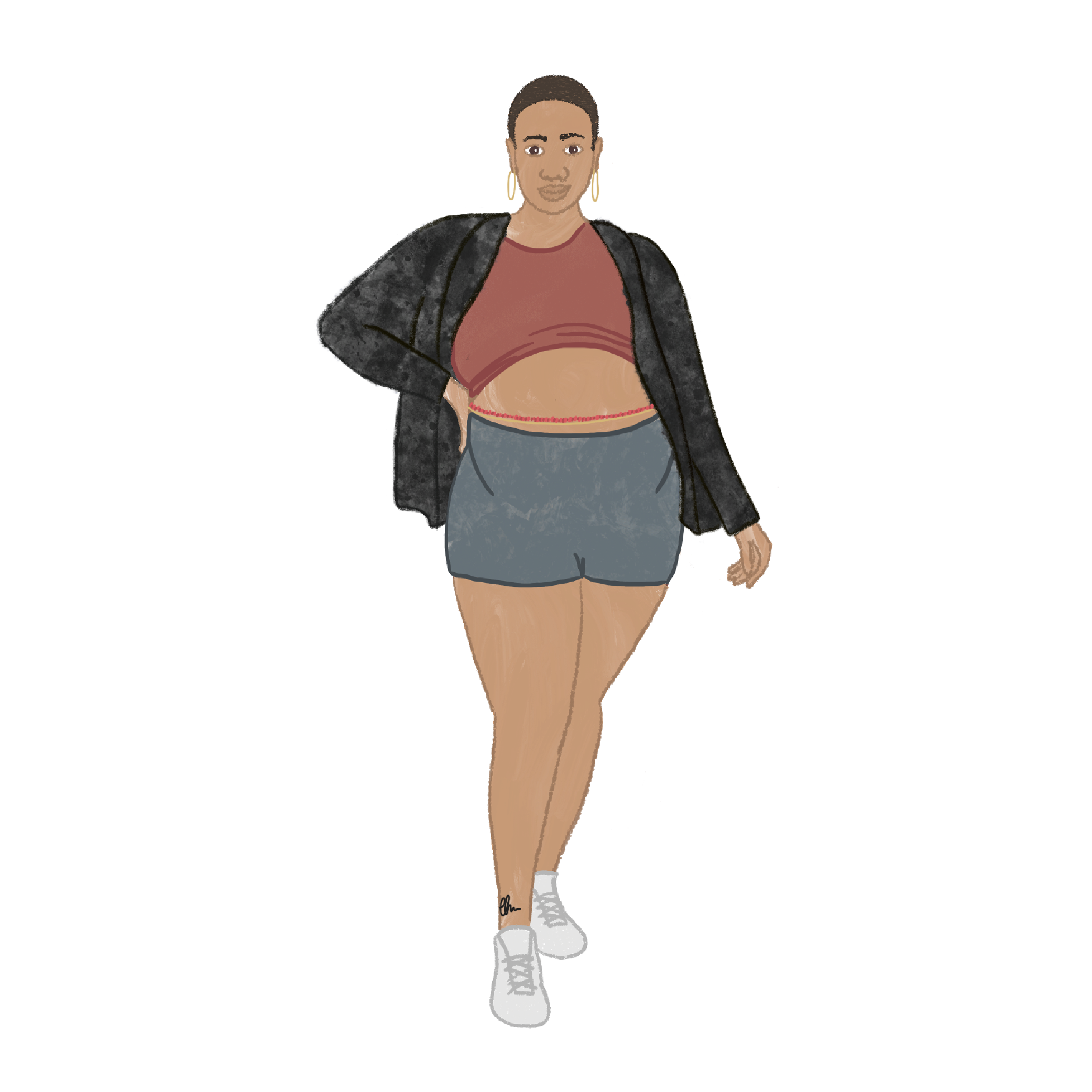 Illustration of confident woman in shorts and crop top, representing body positivity and self-empowerment