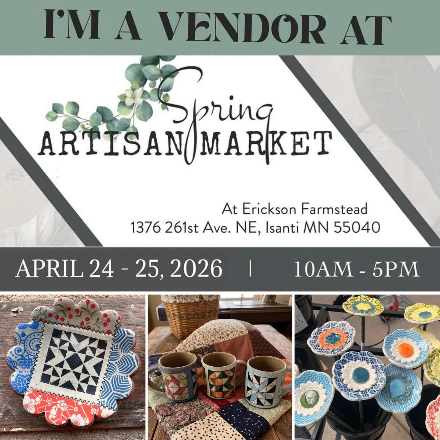 W O O H O O! Hibernation is over and I&rsquo;m kicking off April at @erickson_farmstead for their annual spring market! I can&rsquo;t wait to show you what I&rsquo;ve been working on in the studio.

You can find me inside the Barn in my usual spot&he