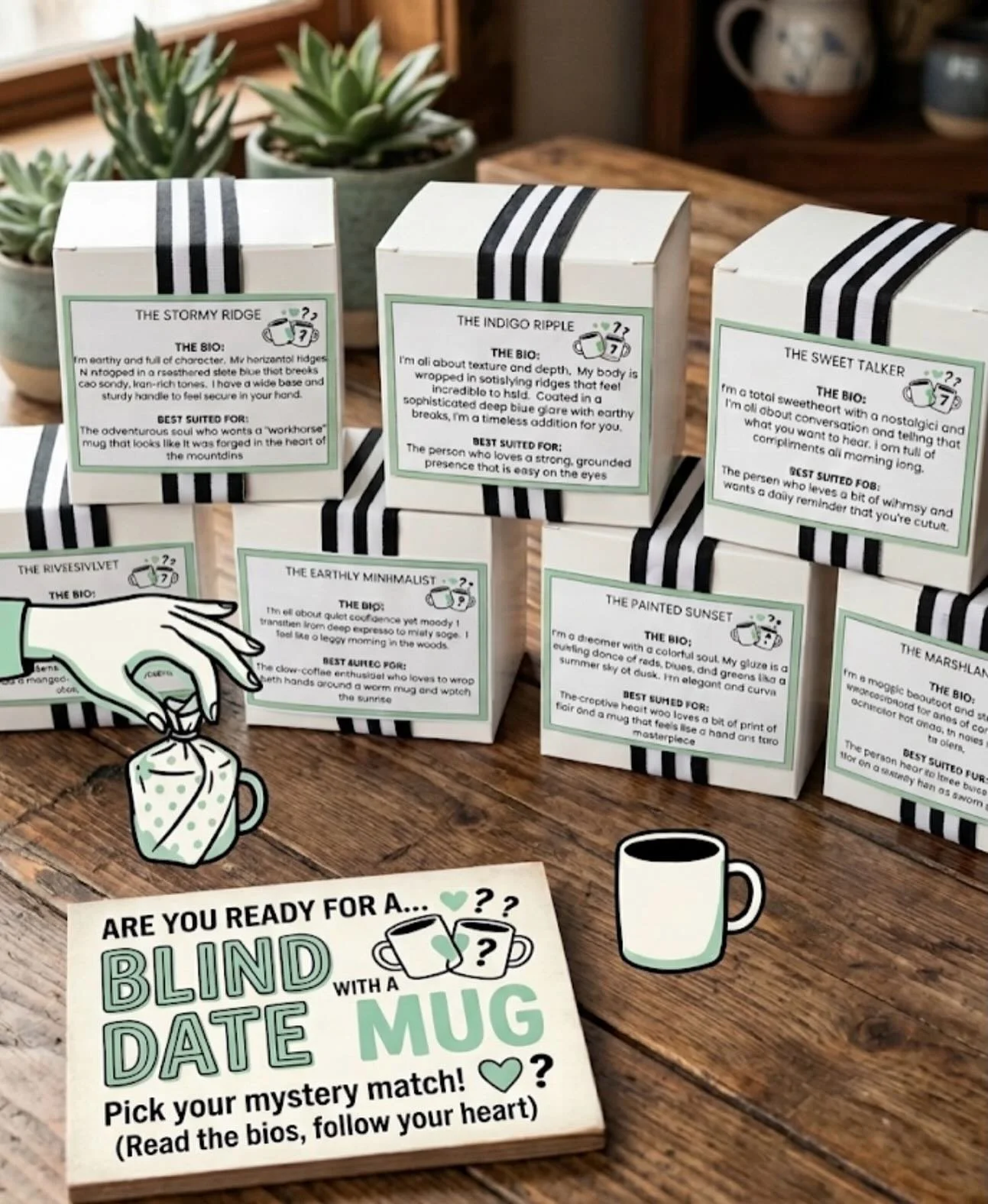 ARE YOU READY FOR SOME FUN! ☕️✨
I&rsquo;m introducing something new to my booth next weekend at Erickson Farms- Isanti 

Get ready for a Blind Date with a Mug
How it works:
1. Browse our mystery mugs, each wrapped to keep its true look a secret.
2. R