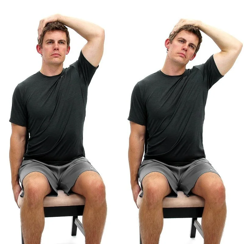 While sitting in a chair, hold the seat with one hand and place your other hand on your head to assist in bending your head to the side as shown. Bend your head towards the opposite side of the hand that is holding the chair seat. You should feel a stretch to the side of your neck. If there is pain, stop the exercise. Hold position for 30seconds, complete 3 sets. Repeat 2x/day. Take breaks as needed.