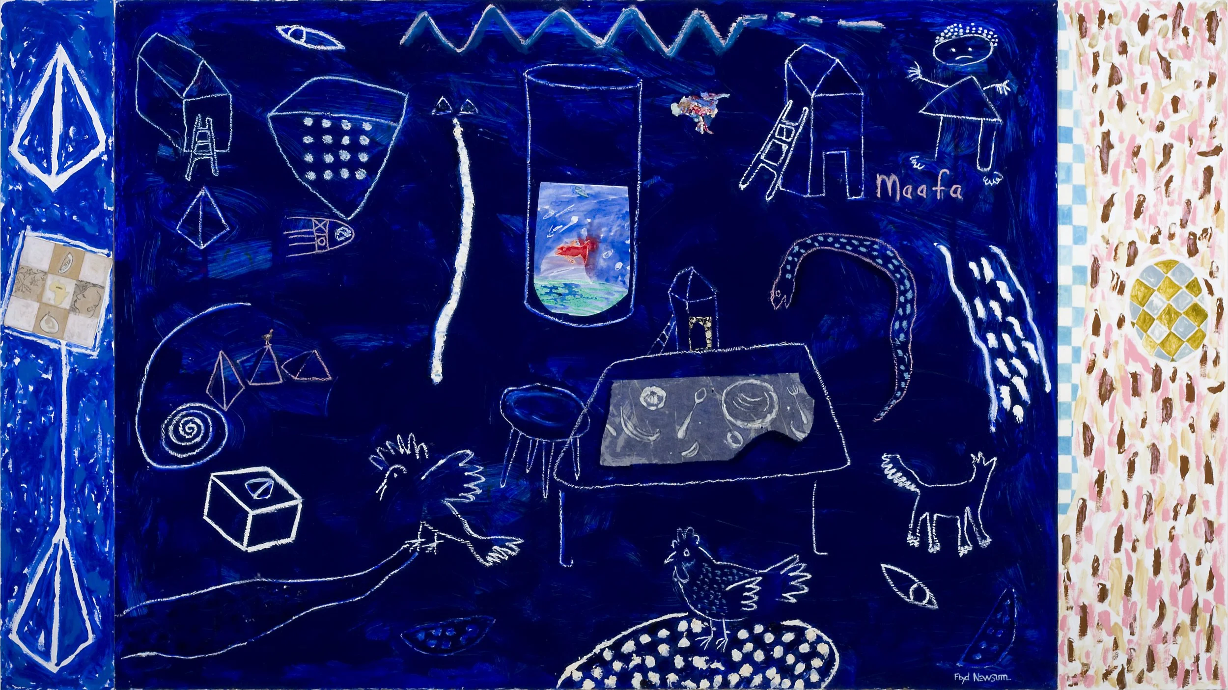 Floyd Newsum Jr., MAAFA, acrylic and mixed media on paper, 43"x79", 2002