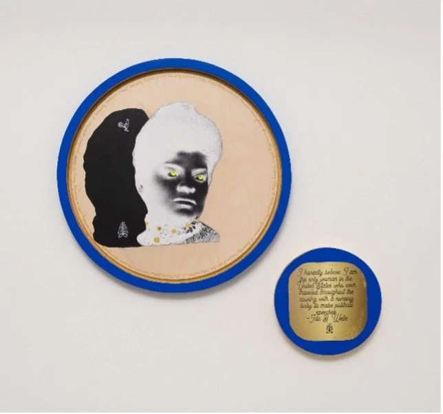 Vicki Meek, Ida B Wells, Mixed media diptych with giclee collage, acrylic, prismacolor pencil on birch wood, Large medallion: 18h x 18w inches Small medallion: 8h x 8w inches, 2024