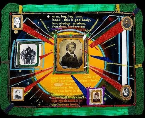 Robert Hodge, My Bondage, Your Freedom, mixed media collage, hemp thread,  oil stick, oil paint, oil pastel, enamel, spray paint and yarn on archival paper 32 x 24 inches, 2025 