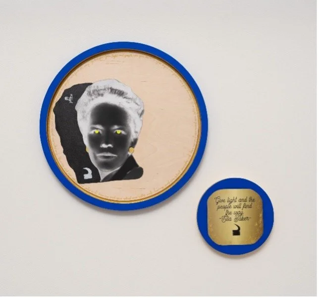  Vicki Meek, Ella Baker, Mixed media diptych with giclee collage, acrylic, prismacolor pencil on birch wood, Large medallion: 18h x 18w inches Small medallion: 8h x 8w inches, 2024