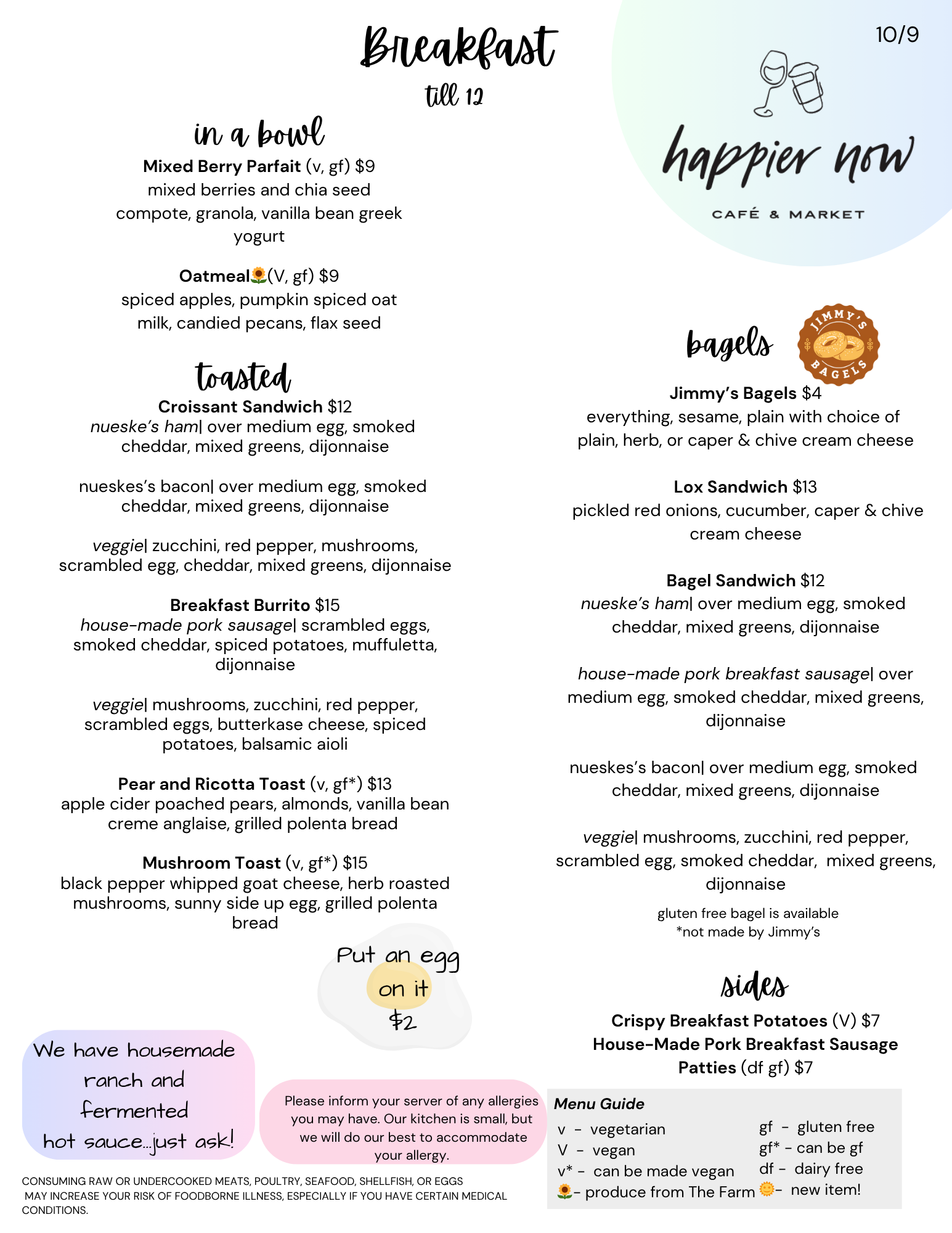 Menu for breakfast options including bowls, toasted sandwiches, bagels, sides, and toasts with various ingredients and prices. There are notes about allergens, vegan, vegetarian options, and homemade sauces.
