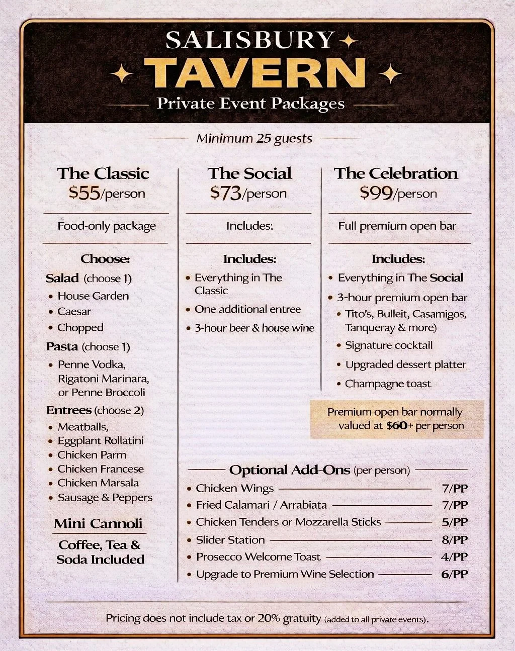 Menu for Salisbury Tavern offering private event packages with options for 25 or more guests. Packages include The Classic, The Social, and The Celebration, each with different food and drink options and pricing.