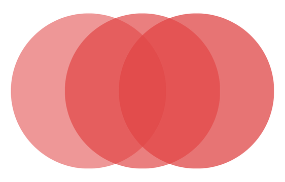 Close-up of three red, round lenses with a matte surface. Rose Colored Production logo