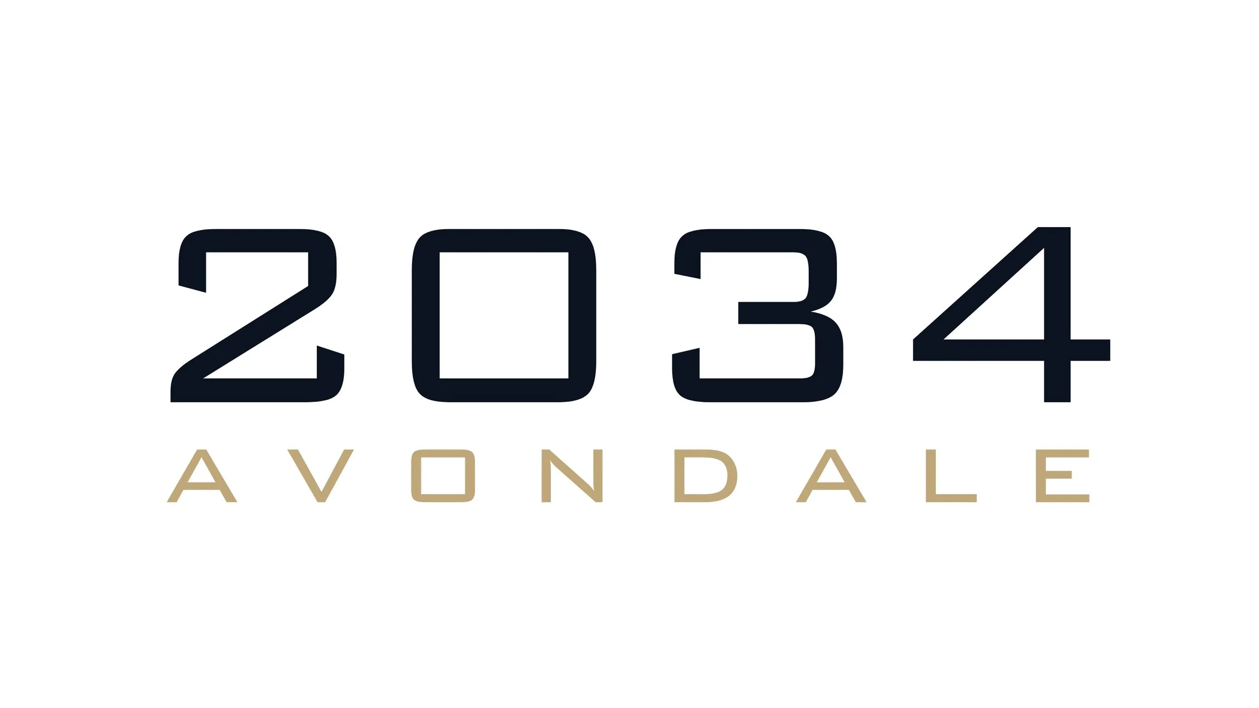 The image features the numbers '2034' in bold black font with the word 'AVONDALE' in gold letters underneath, set against a white background.