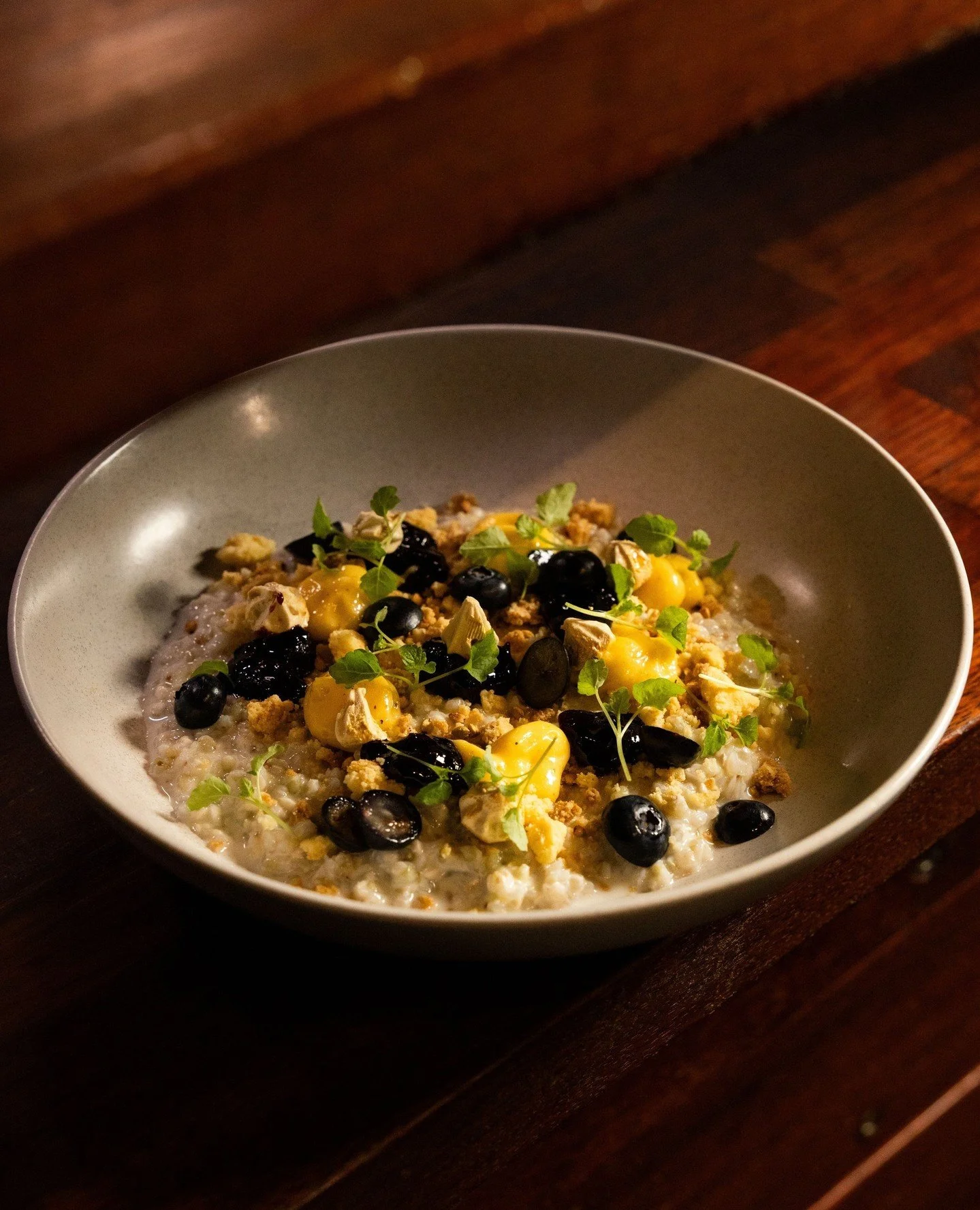 Spring mornings call for the Buckwheat Bircher. 🥣⁠
⁠⁠
Soaked overnight in yoghurt, layered with lemon myrtle curd, house-made blueberry &amp; quandong jam, fresh blueberries, and a crunch of house GF sable biscuit. ⁠
⁠⁠
Naturally gluten-free and rea
