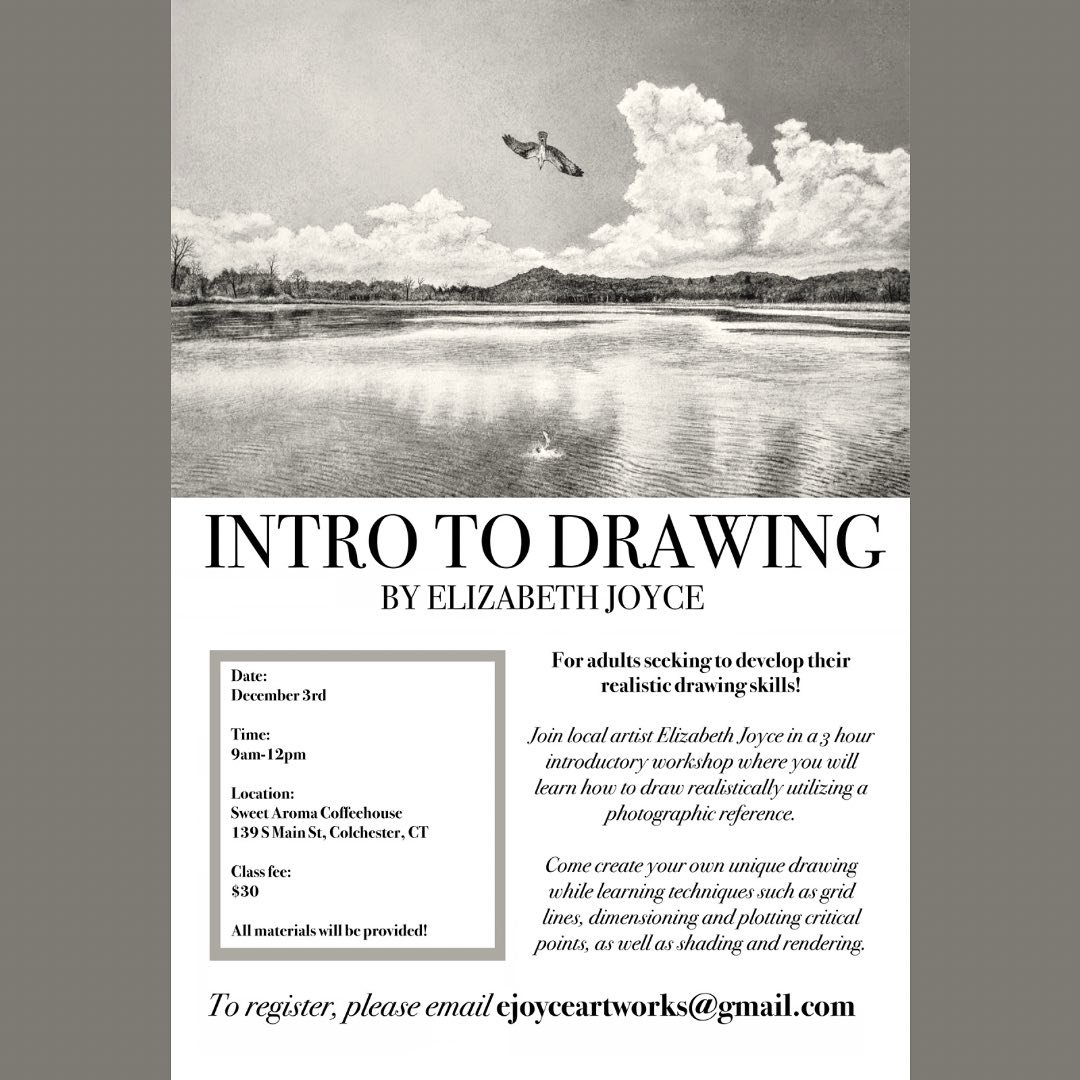 Join me in Colchester on December 3rd for my Intro to Drawing class! We will spend the morning drawing together as I demonstrate my personal approach to drawing with a photographic reference. All materials will be provided!

To sign up or for more in
