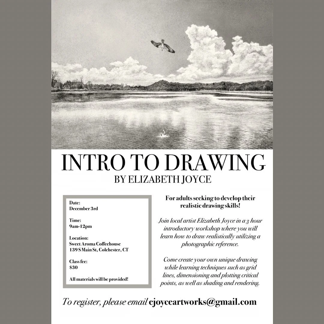 Join me in Colchester on December 3rd for my Intro to Drawing class! We will spend the morning drawing together as I demonstrate my personal approach to drawing with a photographic reference. All materials will be provided!

To sign up or for more in