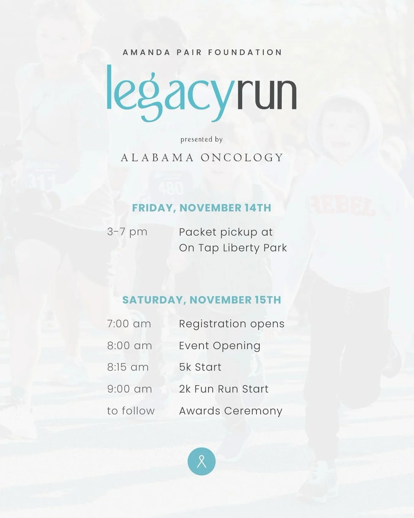 Are you ready to run?

Our team is busy getting things ready for our 4th annual Legacy Run, and this schedule of events will help you plan ahead for a day of impact and community! Can&rsquo;t wait to see you all on November 15th! 

#amandapairfoundat