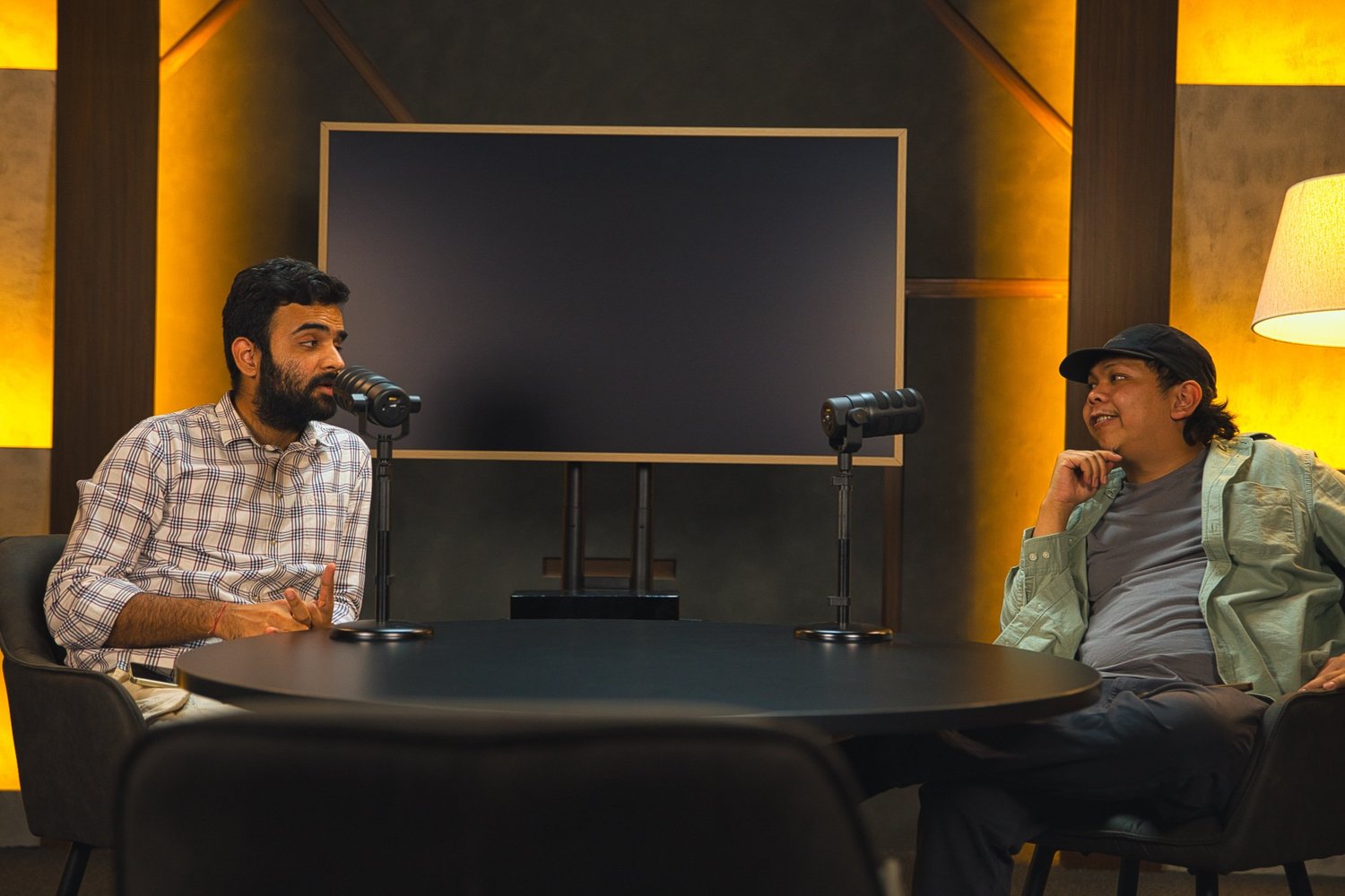Round table podcast setup at the podcast studio in Gurgaon