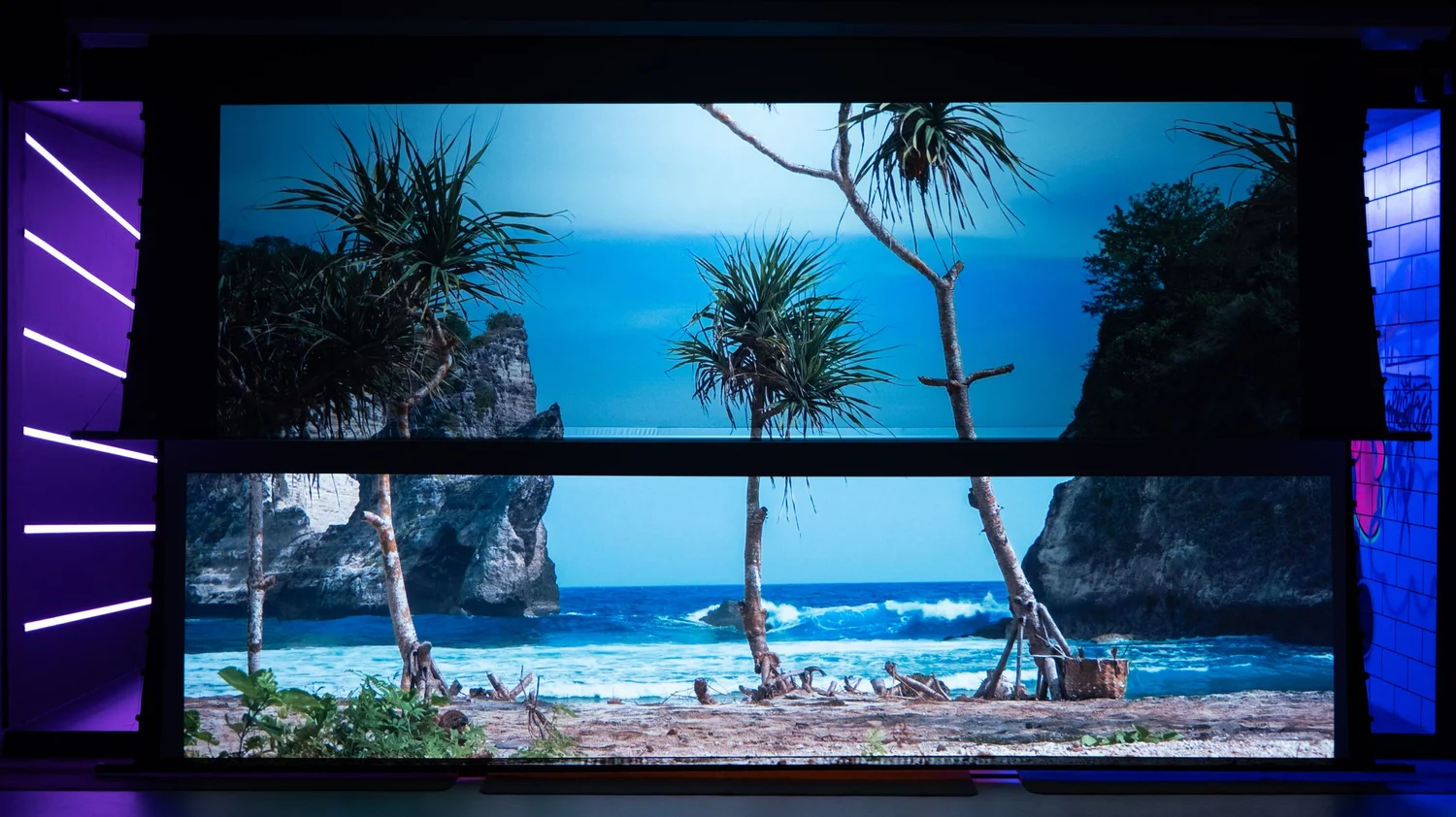 Projection setup — beach scene on the 200-inch screen