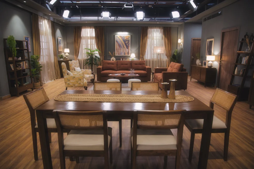 Dining Table with Living Room backdrop.
