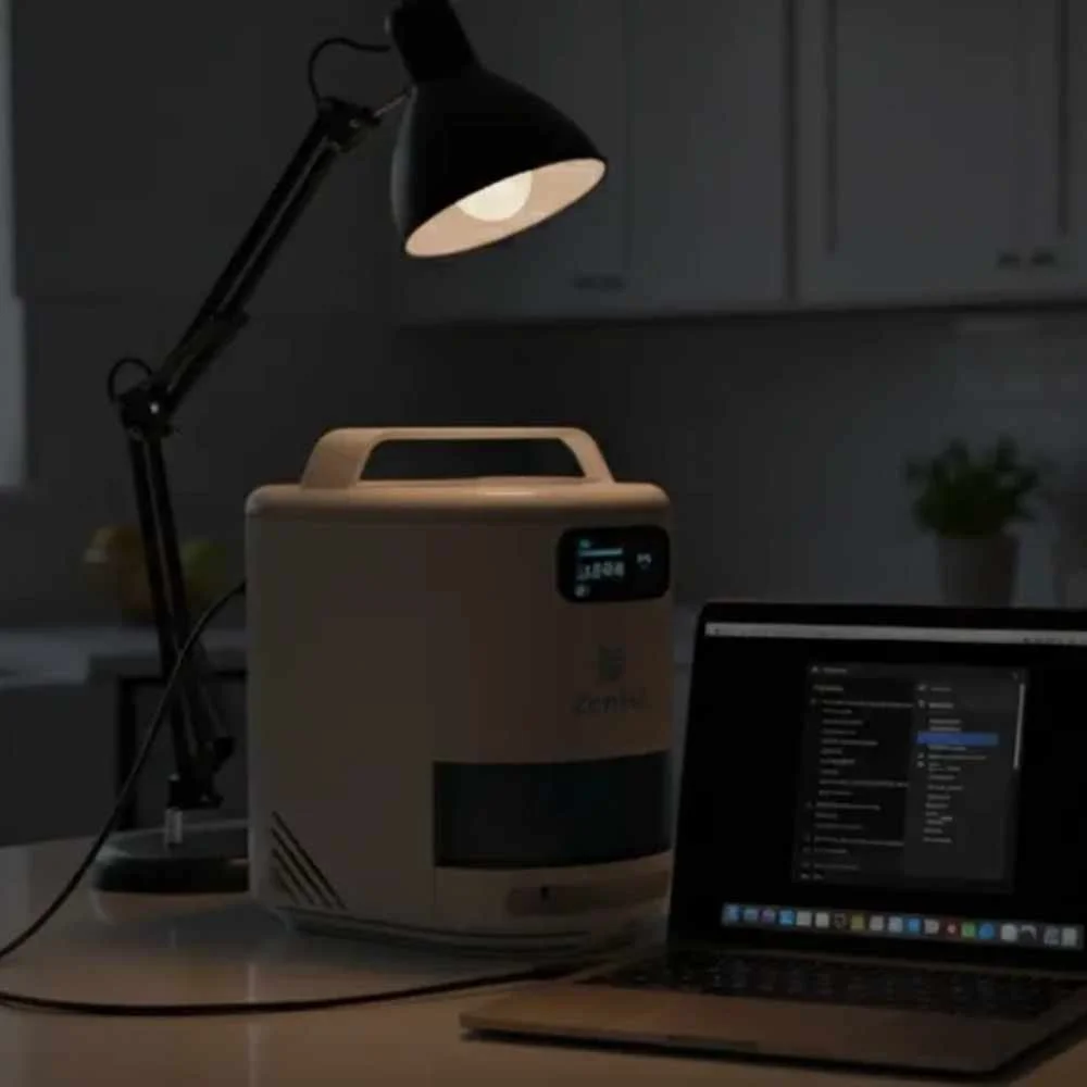 ZenH2 emission-free generator powering a desk lamp and laptop, demonstrating safe and silent indoor backup power capabilities.