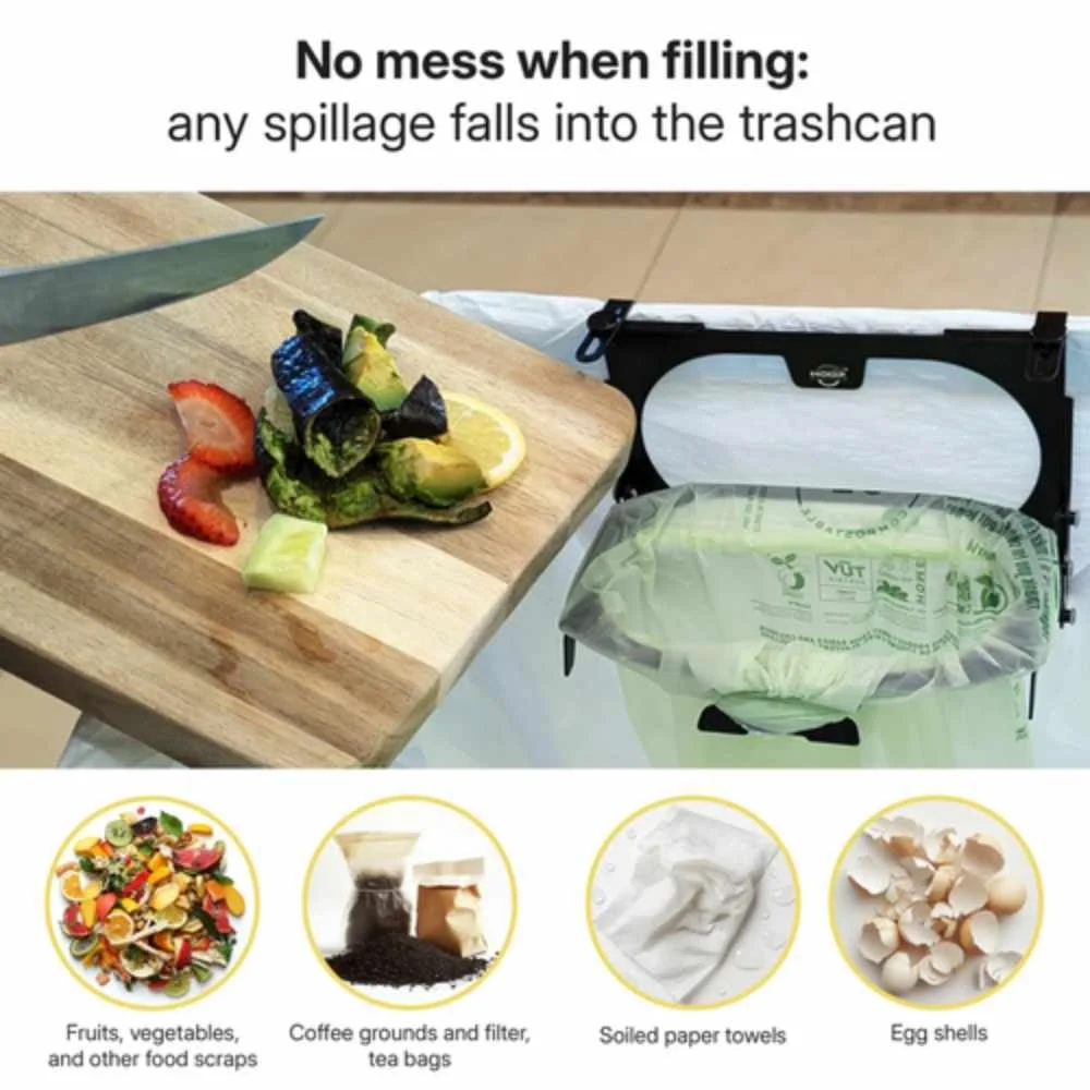 Kitchen setup showing the Hoop 2.0 positioned to catch food scraps directly from the cutting board, eliminating countertop mess.