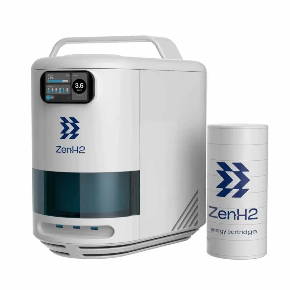 Studio shot of the ZenH2 portable hydrogen generator and fuel cartridge, engineered by Unlimit Ventures for Emission Free Generators (EFG).