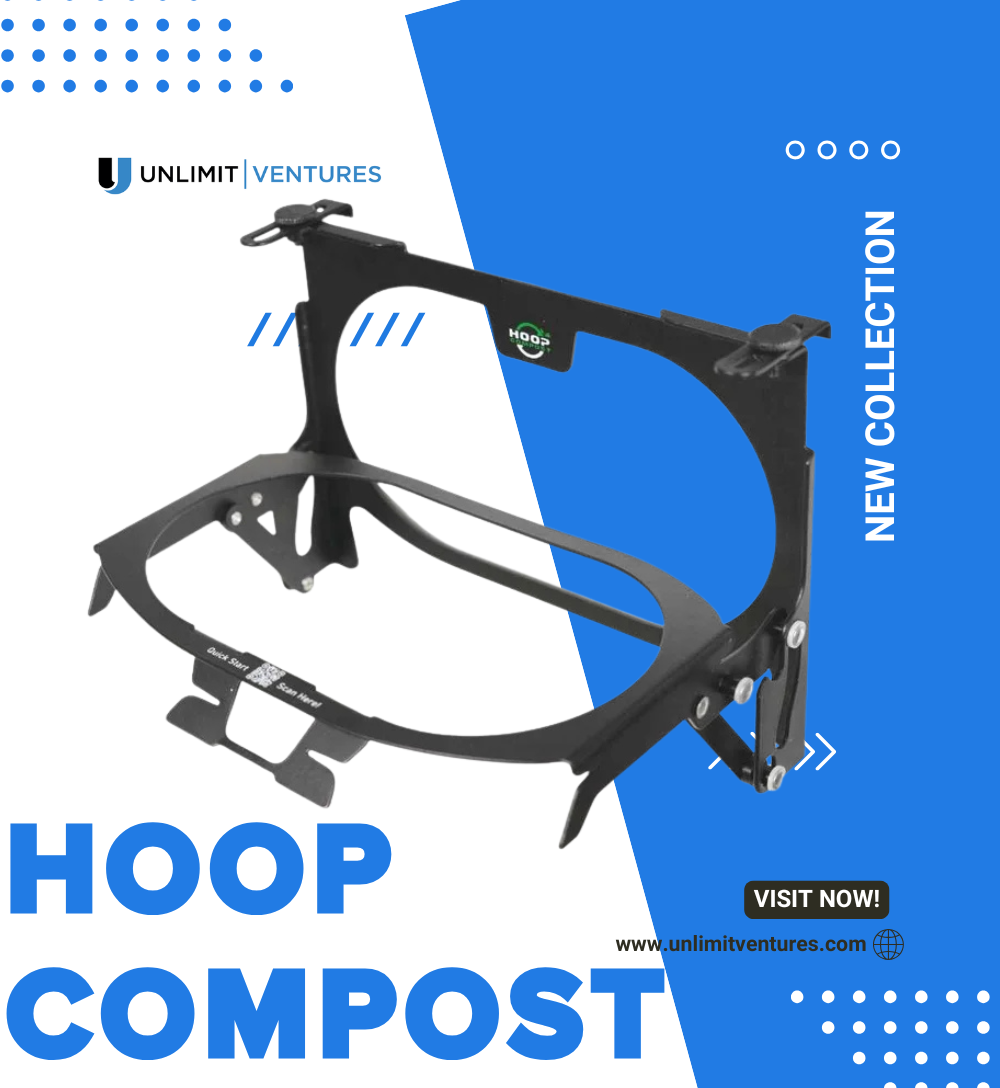 Unlimit Ventures portfolio showcase featuring Hoop Compost 2.0, a re-engineered metal compost bag holder designed for seamless kitchen waste diversion.