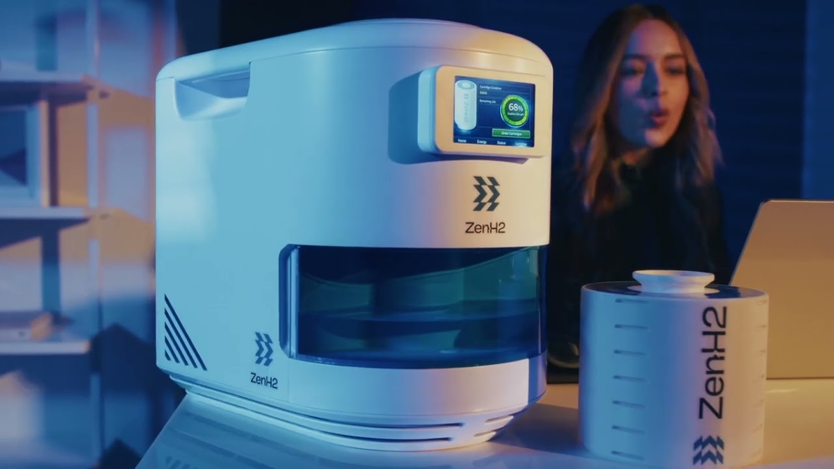 A detailed close-up of a ZenH2 portable hydrogen generator, with its digital control panel turned on showing the cartridge status at 68 percent charge.