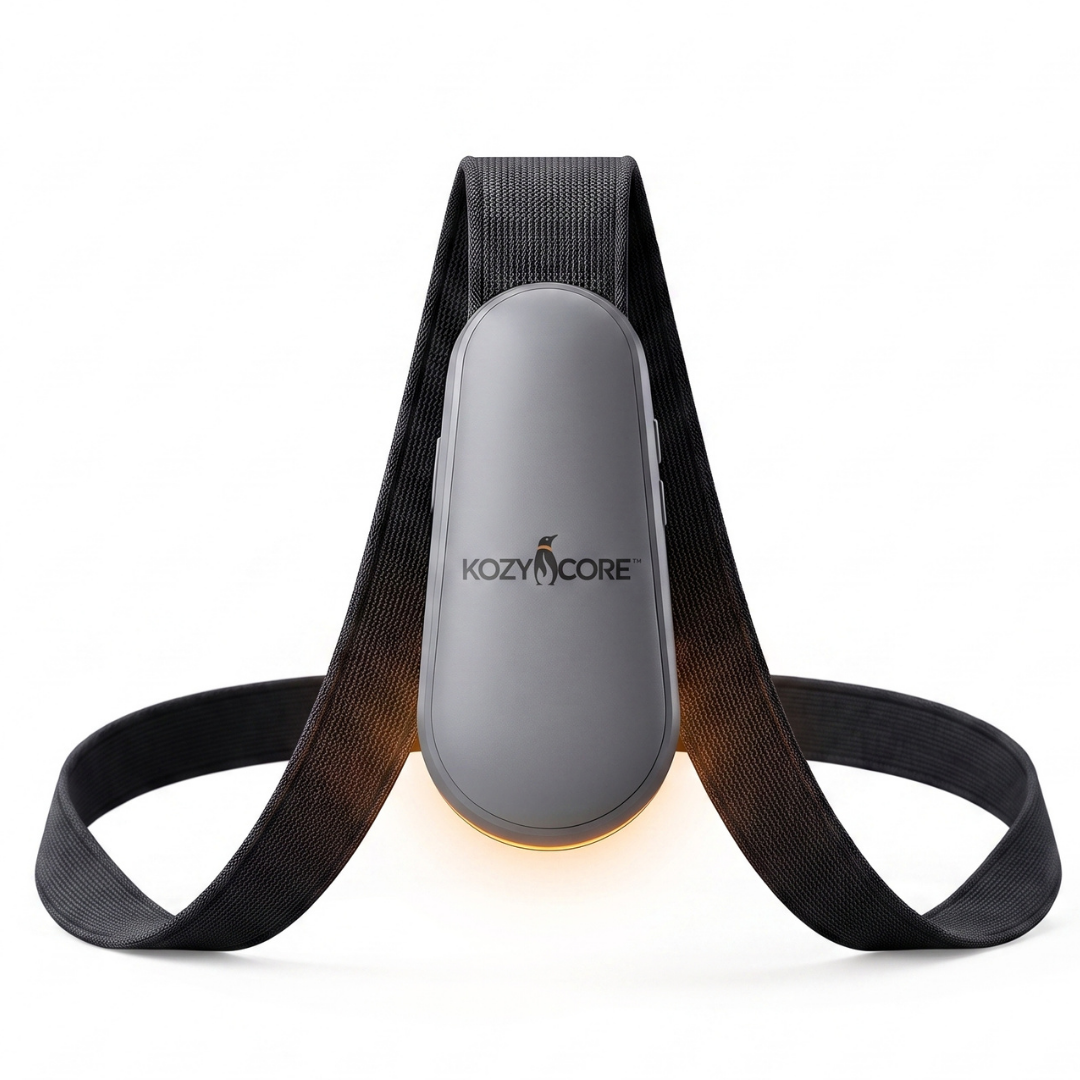 Studio product shot of the KozyCore wearable heater featuring the swell-tolerant enclosure and engineered textile strap