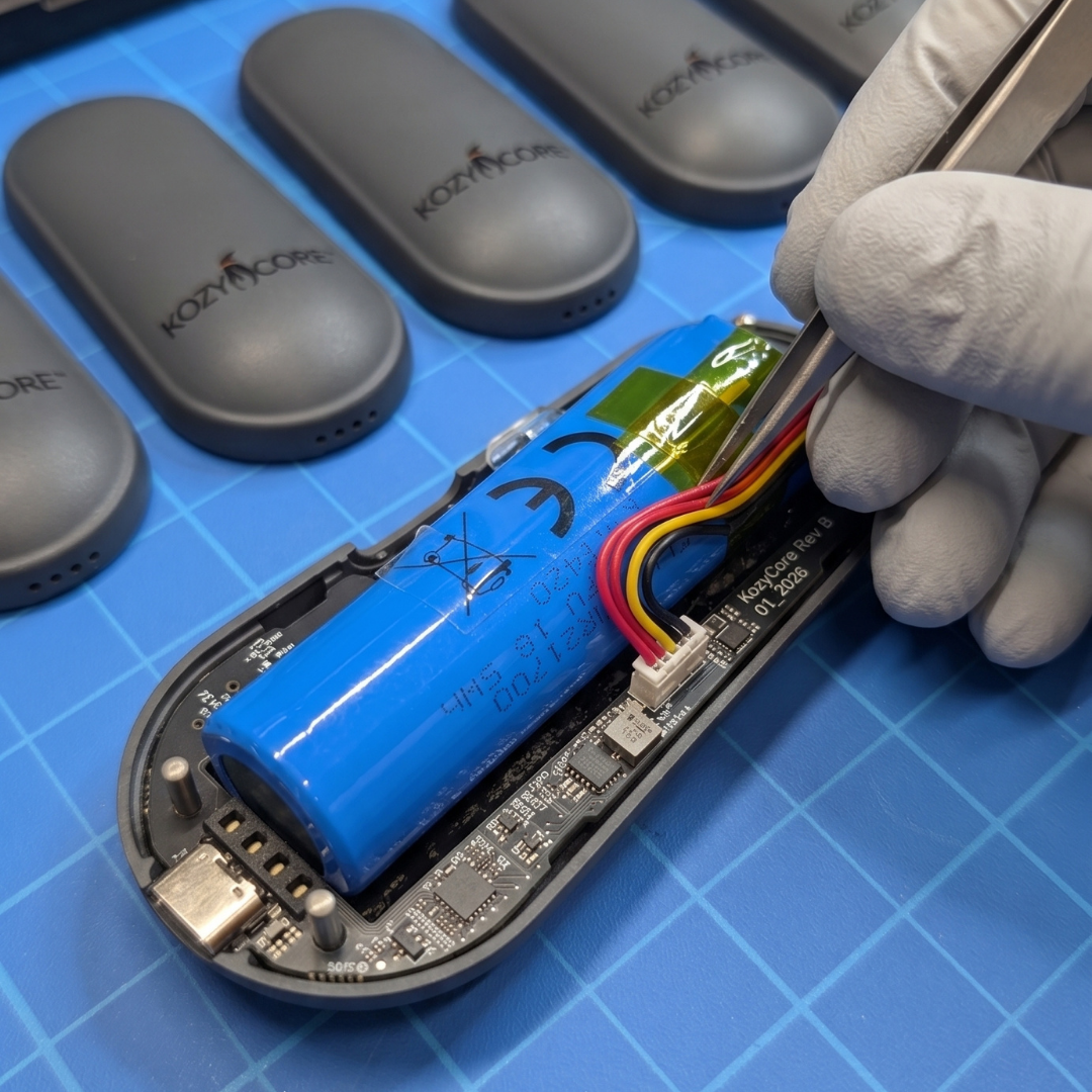 Engineer assembling the custom PCB, wiring, and rechargeable battery inside the KozyCore wearable heating device enclosure