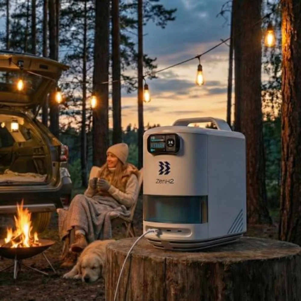 ZenH2 portable power system providing silent, emission-free electricity for camping lights in a forest setting.