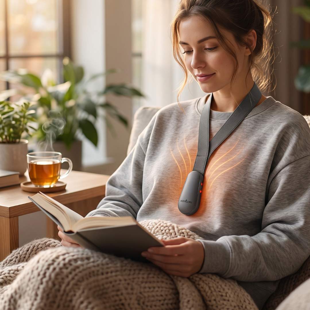 Woman reading comfortably indoors while wearing the KozyCore flexible wearable heater, featuring visual graphics illustrating heat distribution