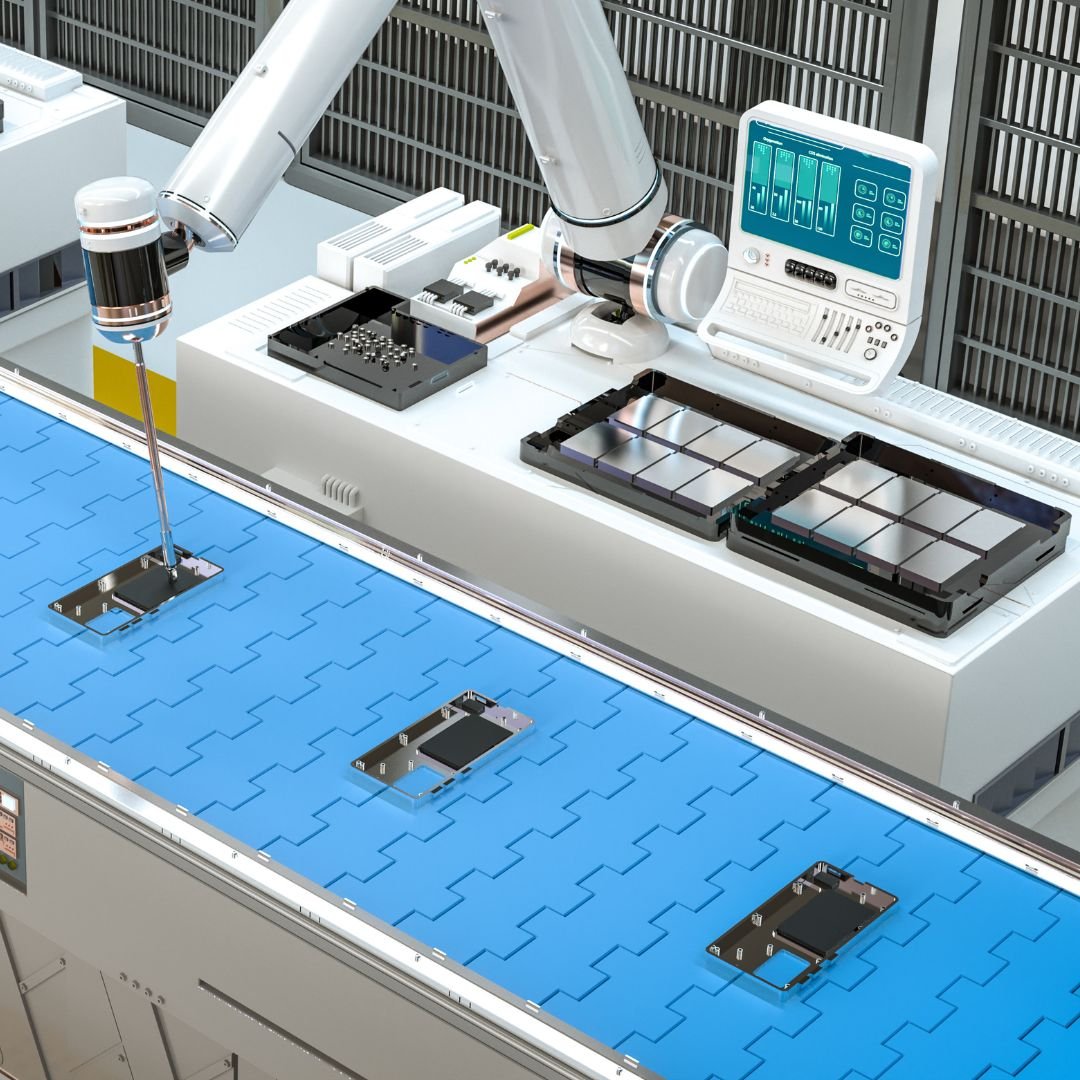 Autonomous robotic arm assembling electronic components on a production line using physical AI and machine vision